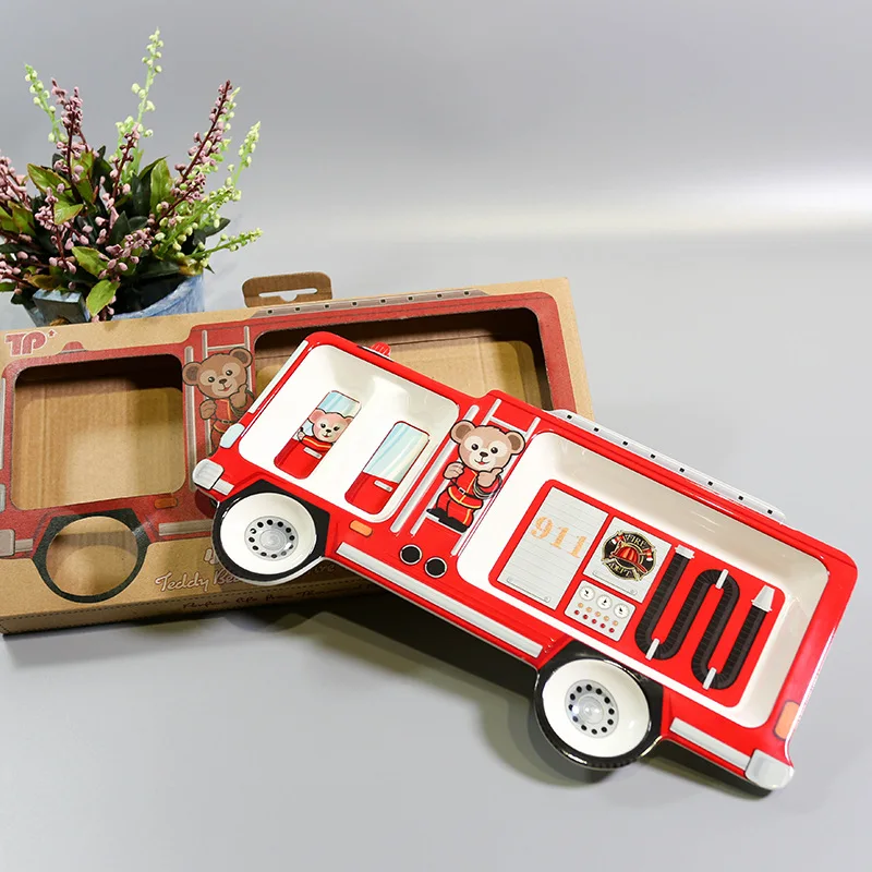 Cute Baby Trauki Galda piederumi Komplekts Bērniem Dala Plāksnes, Galda piederumiem Karikatūra Automašīnu, Ugunsdzēsības Truck Bērnu Barošanas Dinnerware Bērniem Drošu Plate