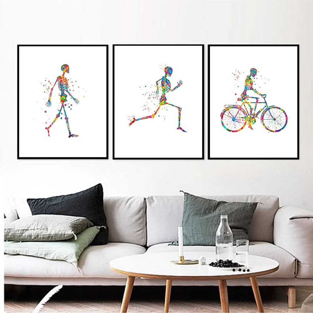 Pārvietojas Skelets Siluets Art Print Skelets Anatomija Iet Run Bike Medicīnas Plakātu, Dāvanu Sienas Mākslas Audekls Gleznošanai Klīnika Dekori