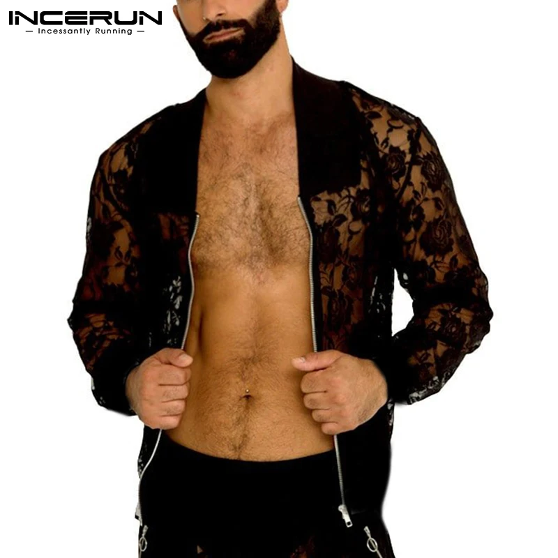 Ir 2021. Vīriešu Krekls Acs Mežģīņu Caurspīdīgs Rāvējslēdzēju Atloks ar garām Piedurknēm Puse Naktsklubs Krekli Modes Sexy Camisa Masculina S-5XL INCERUN