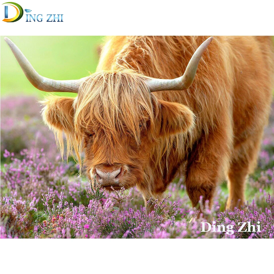 Dzīvnieku 5D Dimanta Krāsošana Highland Liellopu Ziedi DIY Rhinestone Pilnu Kvadrātveida Kārtas Urbt Dekoru Izšuvumi Krustdūrienā Mozaīkas