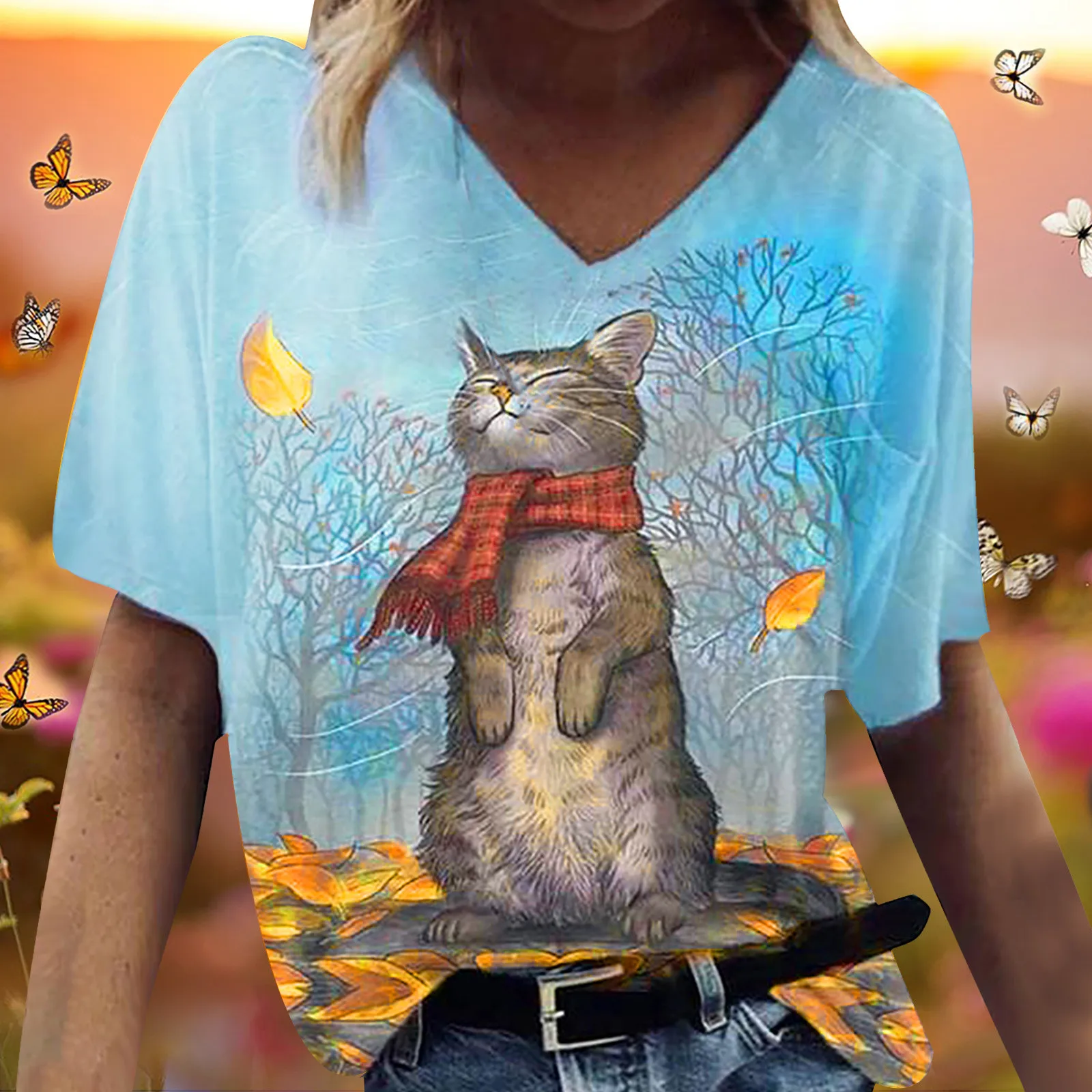 Vintage Sieviete Tshirts Modes Sievietes, V-veida Kakla Īsām Piedurknēm Kaķis Krāsošana Drukāt Gadījuma Top T-krekls Grafiskais T Krekli Mujer Camisetas