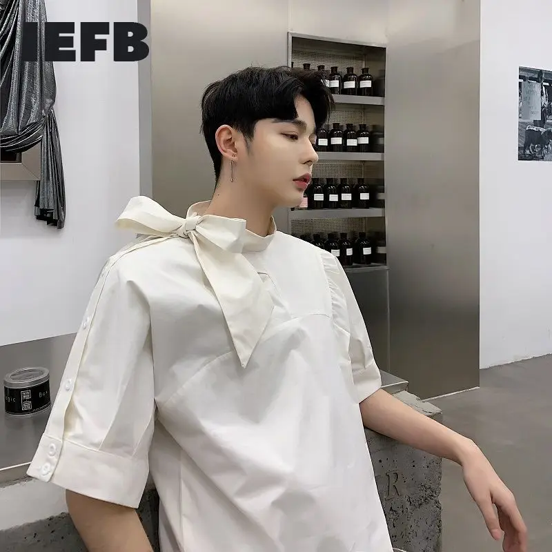 IEFB Vīriešu Apģērbu Dizains Vasarā Jaunu korejiešu Stilā, Mežģīnes Up Moderns Džemperis ar Īsām Piedurknēm Krekls Melns Balts Cēloņu Top 9Y6461