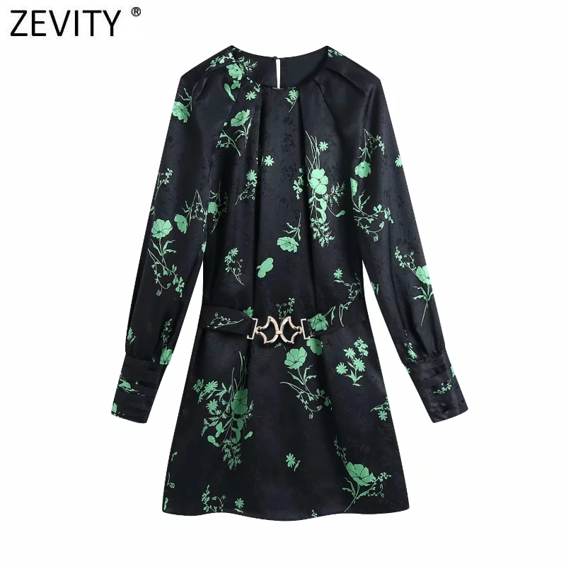 Zevity ir 2021. Sieviešu Vintage Ielocēm O Kakla Zaļās Lapas Drukas Black Satin Mini Kleita Sieviešu Šiks Jostas Kimono Puse Vestido DS5046