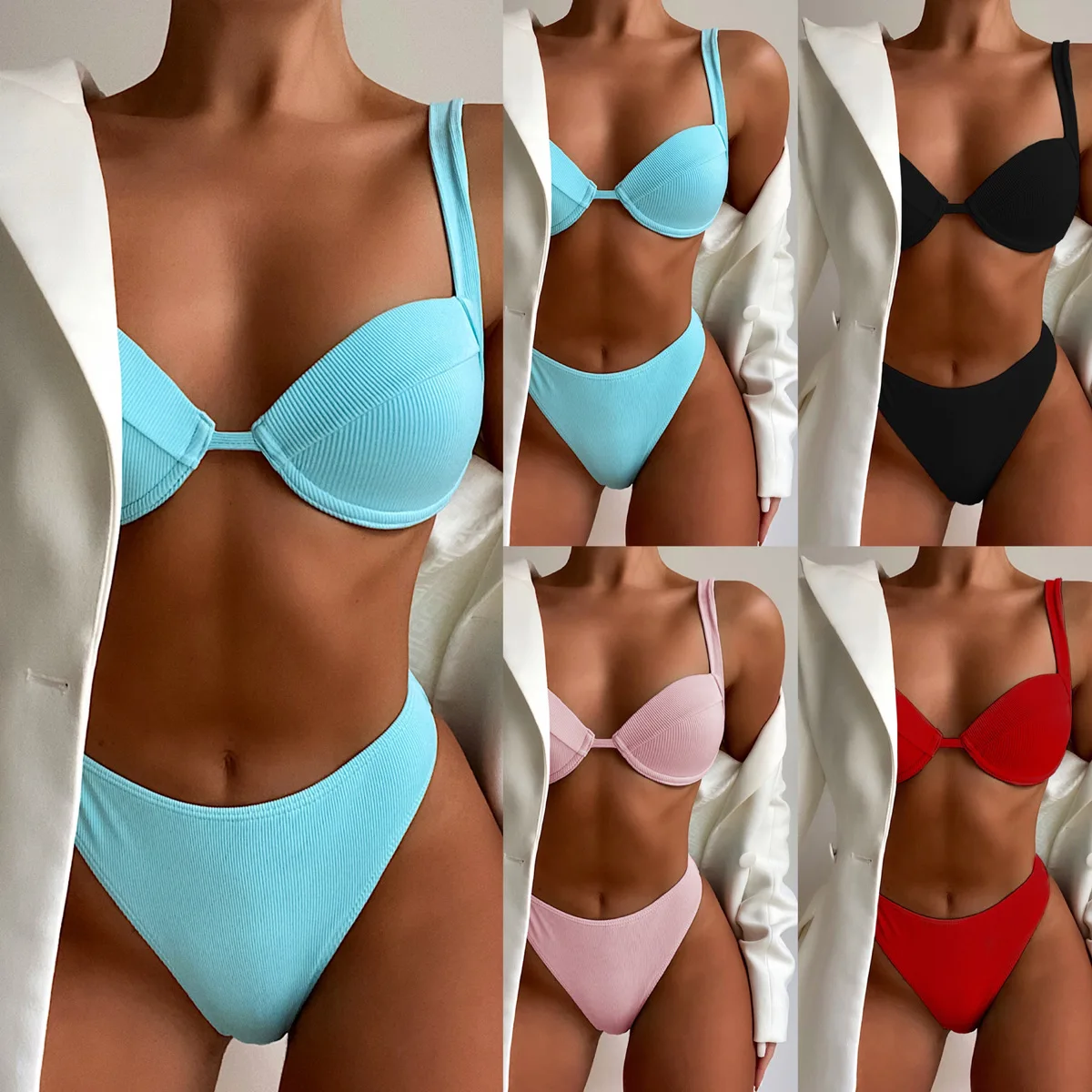 Grūti kausa vienkrāsainu viņa Bikini Peldēšanās Sievietēm Peldēties Uzvalku Augsta Vidukļa Sexy peldkostīms Beachwear Regulējams Liels Krāsu Bikini Komplekts