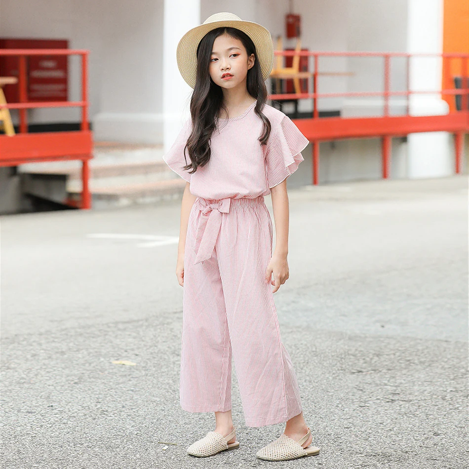 Korejas Lielās Meitenes Vasaras Apģērbu Komplekti Ir 2021. Jaunu Bērnu, Svītrainām Savirmot Piedurknēm Plaša Kāju Bikses Modes divdaļīga Pusaudžu Apģērbs, JYF