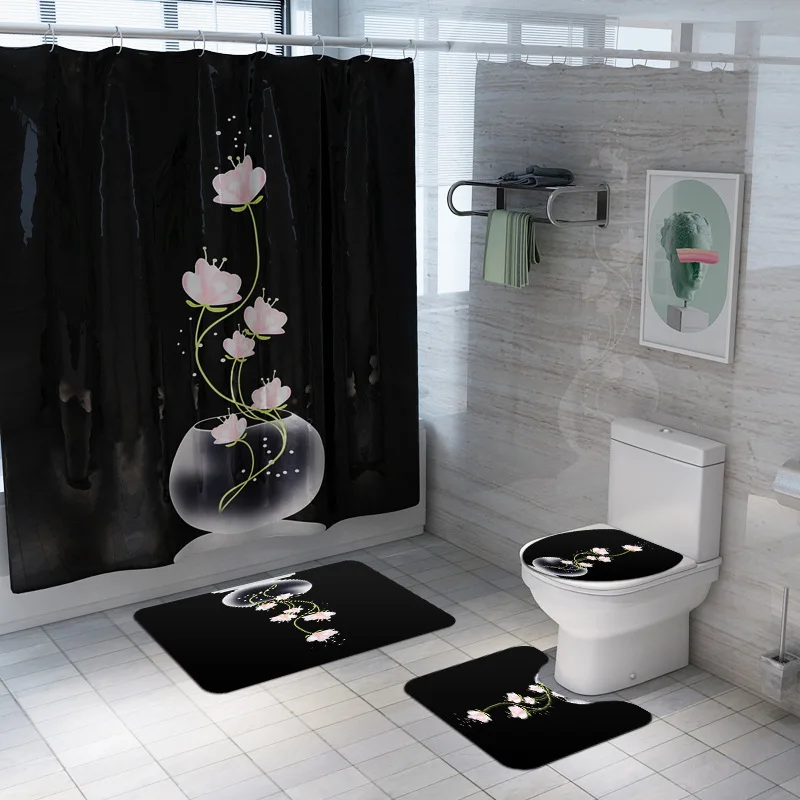 Vannas Paklājiņu Komplekti 3D Butterfly Ziedu Drukāt Ūdensizturīgs Dušas Aizkars Vannas istaba Ainavu Koku Pjedestāla Paklāju Vāks Tualetes Segtu Paklāju