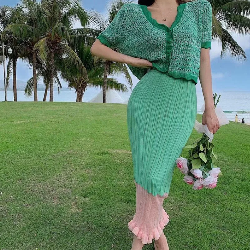 Korejas Vasaras Sievietes 2 Gabals, kas Elegantā Zaļā adīt V-veida Kakla Jaka Top Augsto vidukli, zivs astei līdzīgs Svārkiem Tērpiem Ir 2021. Modes apģērbi