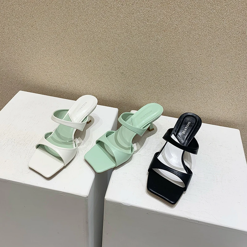 Modes Sieviešu Sandales, Čības Šaurā Joslā Plānas Augstiem Papēžiem Atvērtu Purngalu Gadījuma Slaidi Tīrtoņa Krāsu Paslīdēt Uz Mūļu Kurpes Melna/Zaļa