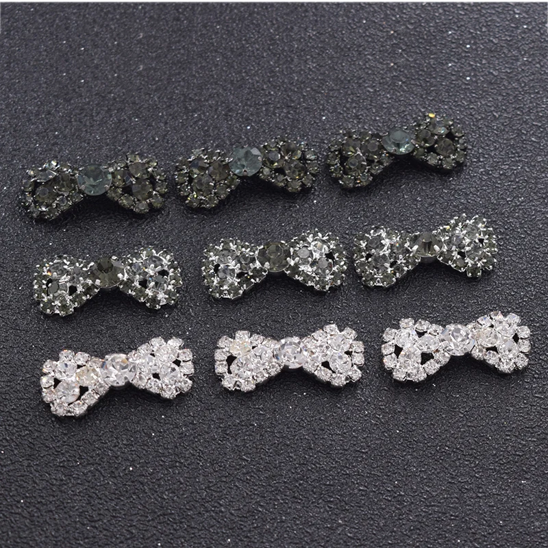 50gab mini bowknot 12*26mm rhinestone pogas flatback black diamond piešūt hematīts apšuvuma DIY šūšanas appliques piederumi