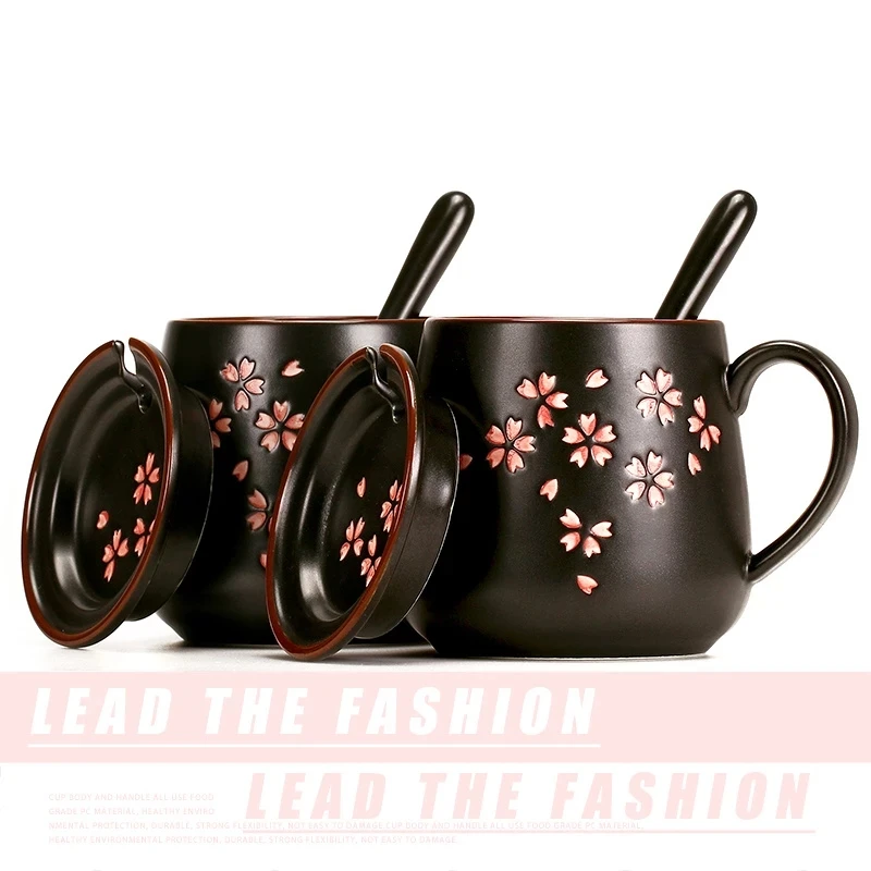 New augstas kvalitātes Japāņu ķiršu ziedu keramikas krūze kafijas tase ar vāku un karoti biroja tējas tase brokastu tasi latte tasi, lai draugs