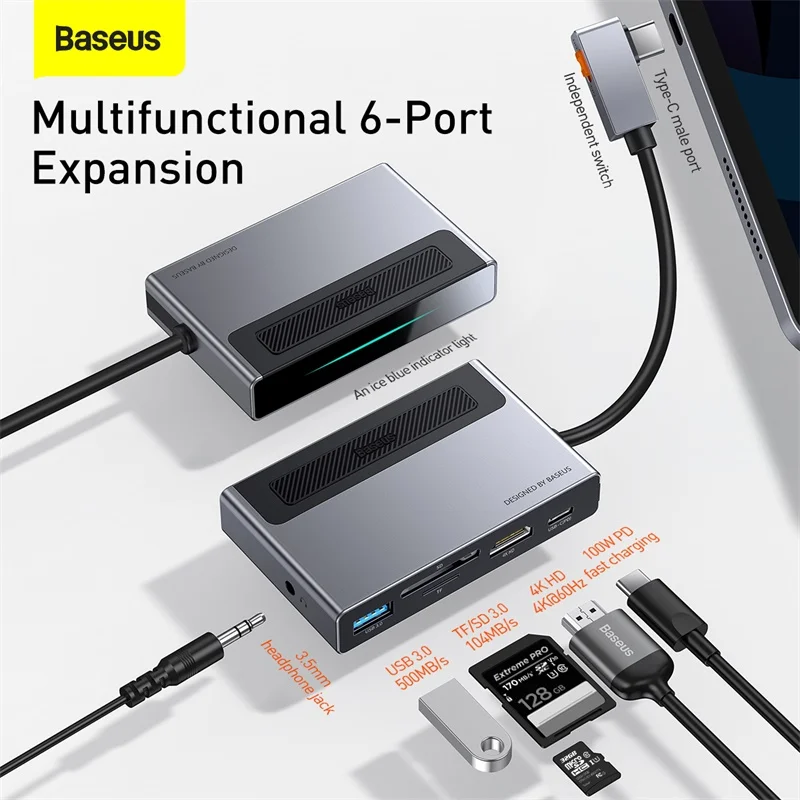 Baseus USB C CENTRMEZGLU, C Tipa, Multi USB 3.0 HUB HDMI-savietojams Adapteris Doks Tabletes 6 in 1 C Tipa RUMBU Doks MacBook Pro Huawei
