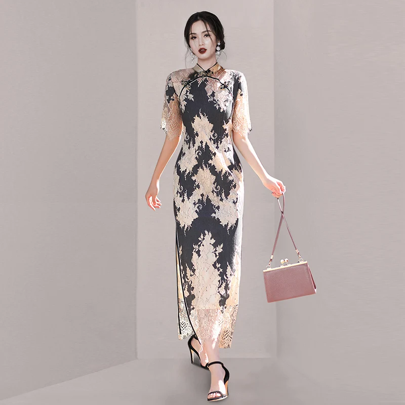 Jaunas vasaras stils temperaments retro mežģīnes ķīniešu stilā cheongsam pastāvīgā collr temperaments eleganti seksīgas sieviešu kleitas