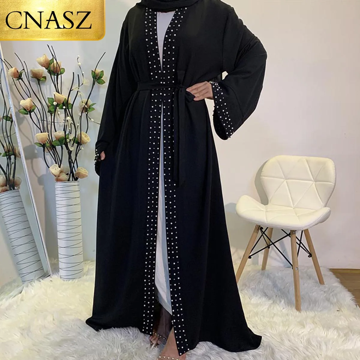 Vēlāk Musulmaņu Abayas Sievietēm Islāma Modes Pērles Kimono Drēbes neliela Kleita Ilgi, Elegantas Jakas Apģērbu Priekšā Atvērt Abaya
