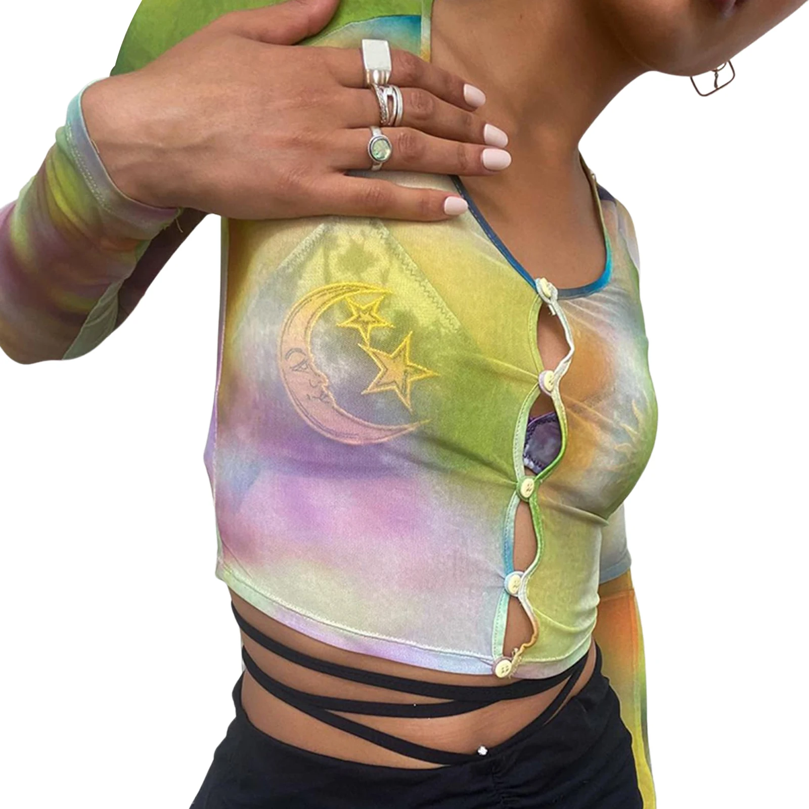 Y2K ir 2021. Sievietēm Krāsu Bloku Crop Topi, Pieaugušajiem Pogu uz leju Sun Moon Star Print U-veida Apkakli, garām Piedurknēm T-krekls