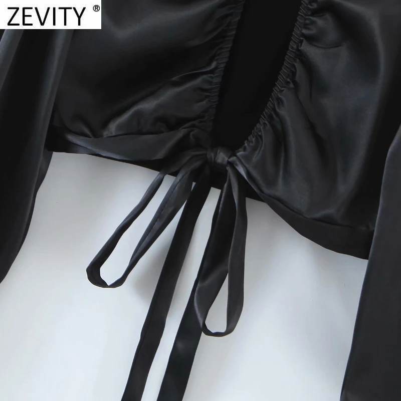 Zevity ir 2021. Sieviešu Modes O Kakla Cietā Melnā Īsā Smock Blūze Femme Sexy Backless Kimono Krekls Elegants Mežģīnes Up Blusas Topi LS7669