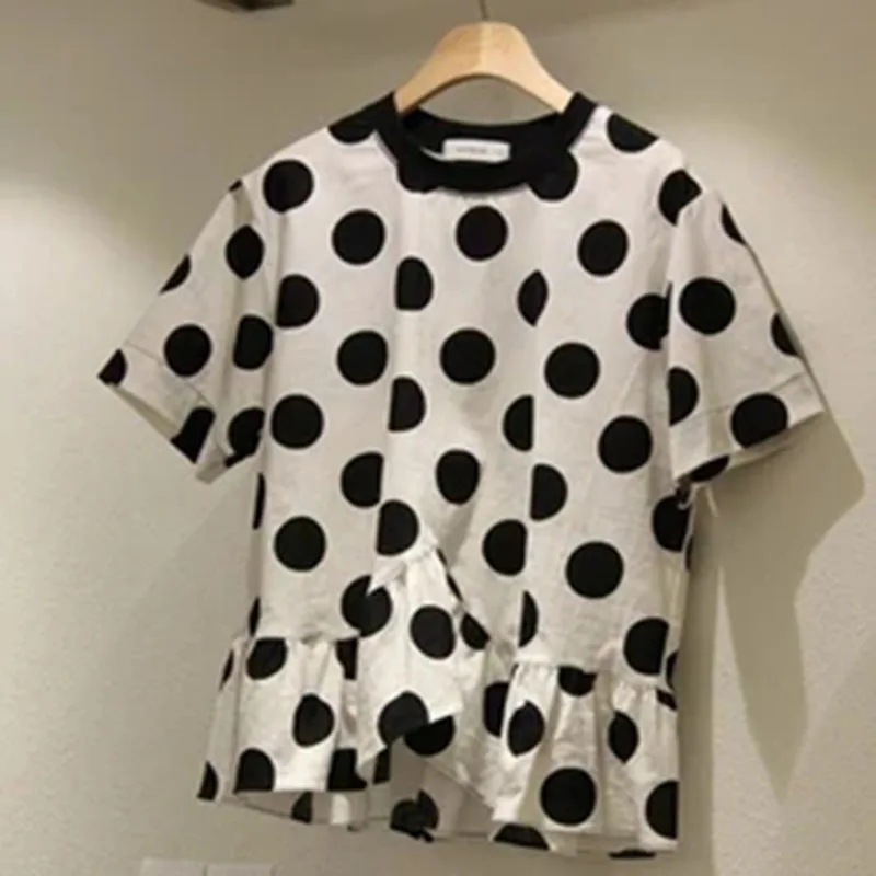 Vasara ir 2021. Modes Gadījuma Mīksti Kokvilnas Ērtu T-kreklu Vienkāršu Apaļu Kakla Īsām Piedurknēm Mežģīņu Polka-dot Sieviešu T-krekls