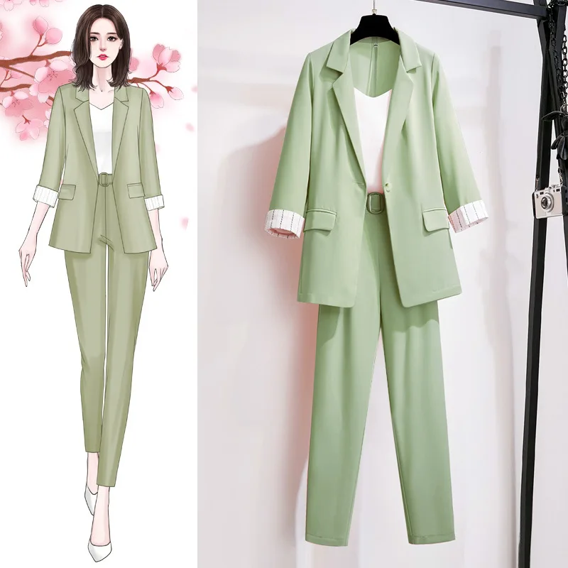 Pavasarī un rudenī sieviešu apģērbu zaļā žakete sieviešu atpūtas uzvalks + bikses sieviešu jaka elegants birojs sieviešu suitm-4xl