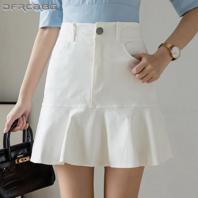 Vasaras Balts Džinsa Savirmot Svārki Sieviete Ir 2021. Korejiešu Stilā, Streetwear Augsta Vidukļa Vintage Mini Jean Taures Svārki, Sieviešu