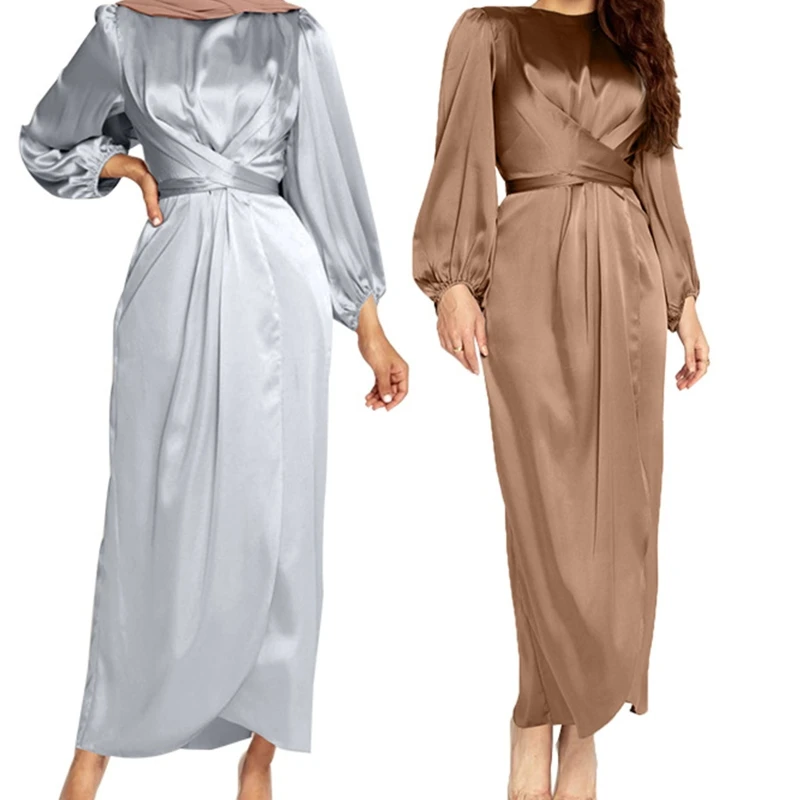 Sieviešu Arābu Musulmaņu Satīna Puff Garām Piedurknēm Maxi Kleita Tīrtoņa Krāsu Wrap Priekšā Self-Tie Abaya Dubaija Turcija Drēbes
