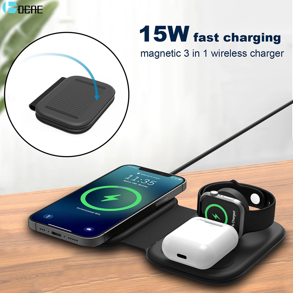 Magnētiskā 15W 3 In 1 Bezvadu Lādētāju Magsafe iPhone 12 Pro Max Mini Airpods Ātrās Uzlādes Stacija Doks Samsung S20 S21