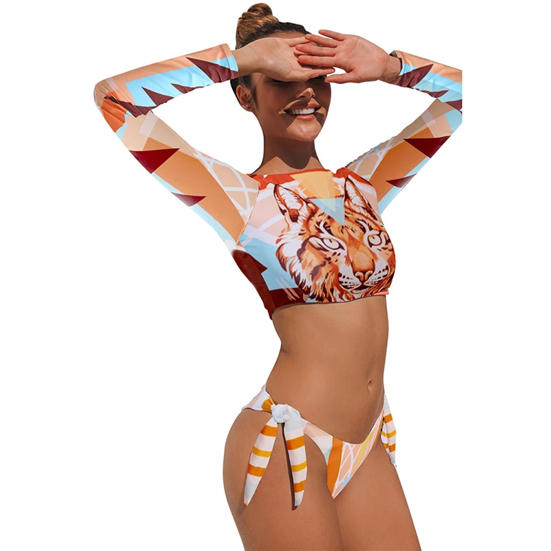 Sērfošanu Peldkostīms Sievietēm Ir 2021. Bikini Ar Garām Piedurknēm Peldkostīmi Tiger Drukāt Push Up Vasaras Vannas Uzvalks Divas Gabals Lenta Biquini