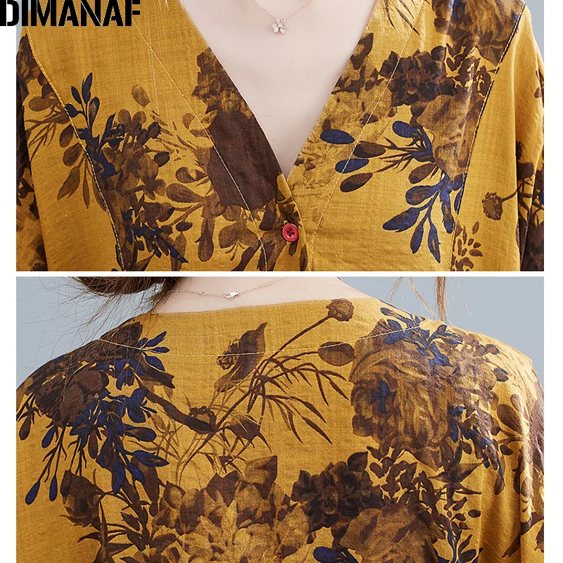 DIMANAF 2021. gada Vasaras Ikdienas Krekls Sieviešu Apģērbu Lielajam Zaudēt Vintage Ziedu Drukāt Kokvilnas t Dāmu Topi Tunika Blūze Pogu