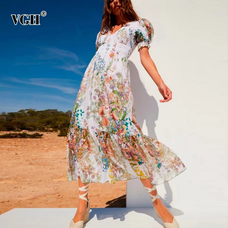 VGH Vintage Print Kleita Sieviešu V Kakla Puff Īsām Piedurknēm Augsta Vidukļa Sānu Sadalīt Midi Kleitas, Sieviešu 2021. Gada Vasaras Modes Apģērbu
