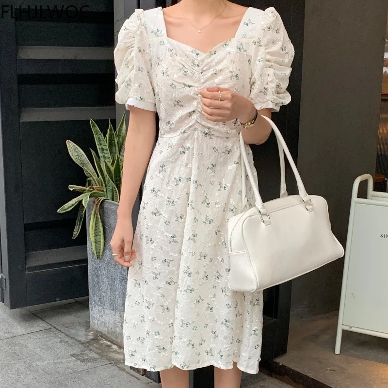 Šiks Korejas Apģērbu Dizains Vasaras Sieviešu Īsām Piedurknēm Datums Japāņu Meitenes Eleganta Dāma, Mežģīnes-Up Ziedu Drukāt Retro Vintage Kleita