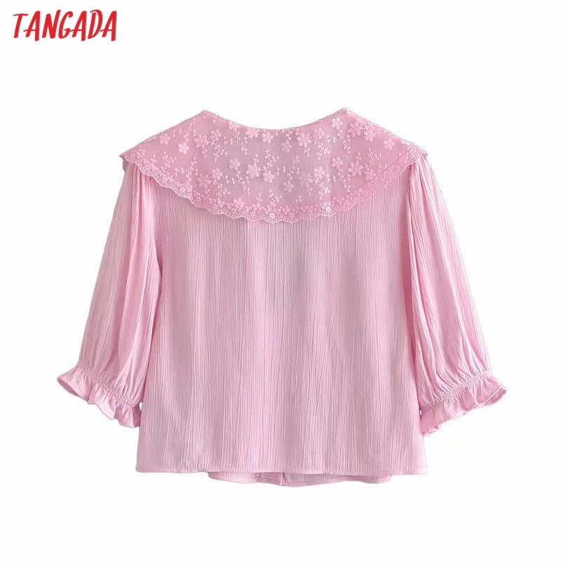 Tangada Sieviešu Rozā Izšuvumi Romantiska Blūze, Krekls ar Īsām Piedurknēm Ir 2021. Elegants Sieviešu Krekls Topi 3H581