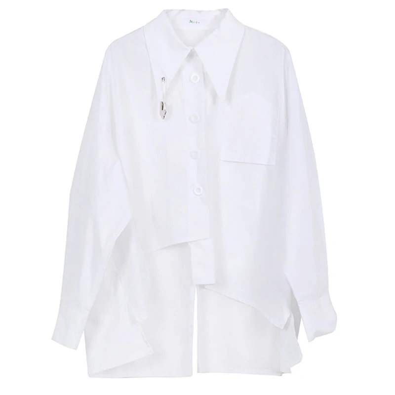 [EAM] Sievietes Baltā Nelegālo Atpakaļ Ventilācijas Liela Izmēra Blūze Jaunu Atloks ar garām Piedurknēm Loose Fit Krekls Modes Pavasara Rudens ir 2021. 1DD7016