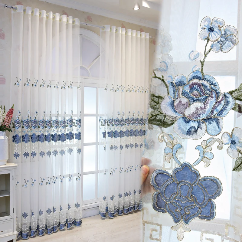 Luksusa Ķīniešu Stilu, Elegants Peonija Izšuvumi Milzīgais Aizkaru Zilā Foral Tilla Aizkaru Dzīvojamā Istabā, Guļamistabā Loga Dekors Voile4