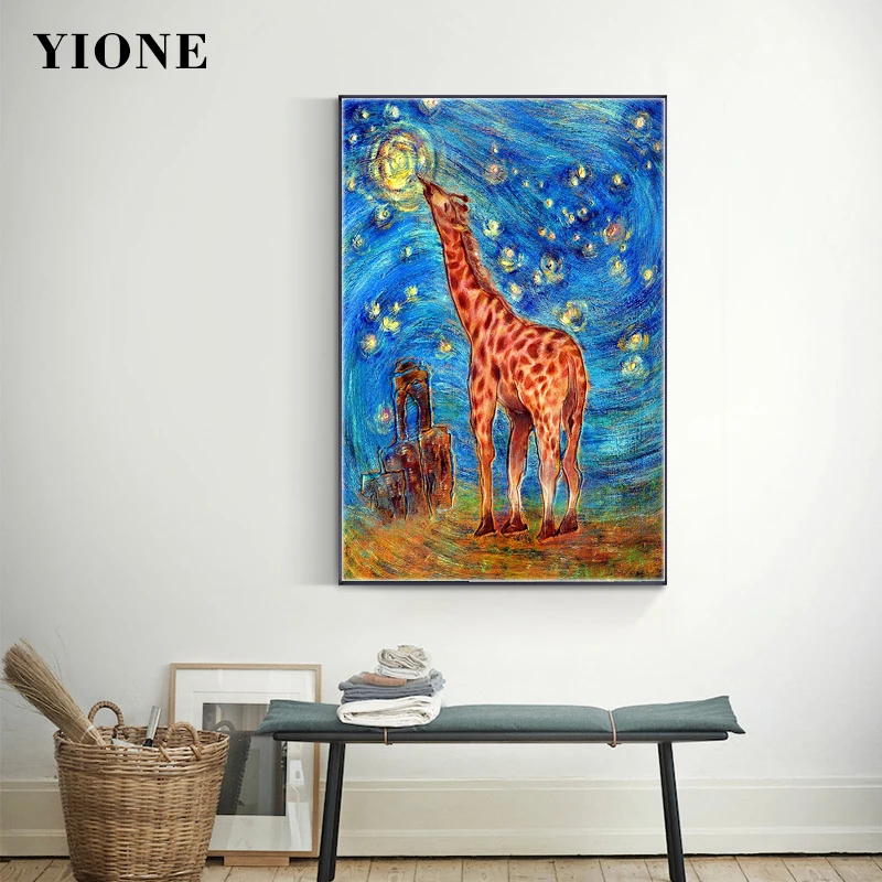 Abstract Blue Zvaigžņotām Debesīm Žirafe Audekls, Eļļas Glezna Custom Mākslas Dzīvnieku Sienas Attēlu Plakātu Izdrukas Dzīvojamā Istaba Guļamistaba Dekori