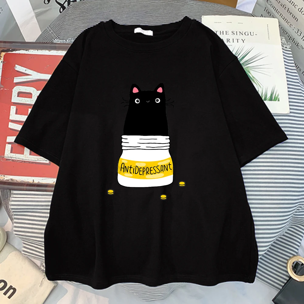 Versija Melnais Kaķis, Antidepresantu, Sieviešu T-Krekls Harajuku INS Modes T Krekls korejiešu Stilā, Topi 2021. Gada Vasaras Sieviešu T Krekli
