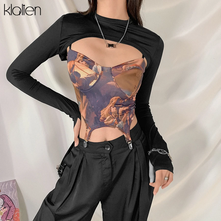 KLALIEN Modes Drukāt Long Sleeve Sieviešu T Krekls Pavasara lielās Ielas Gadījuma Vienkārši Harajuku Top Sieviešu Slim Bija Plānas Estētisko Tee
