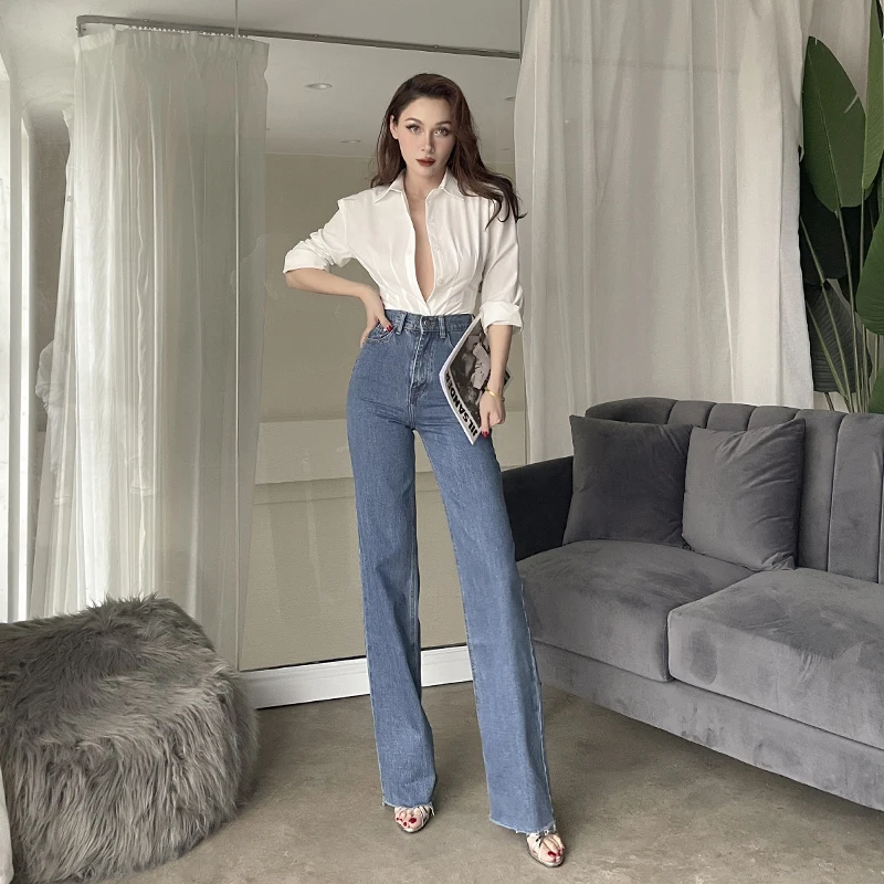 Ir 2021. Jaunā Pavasara Modes Visu Maču Augsta Vidukļa Džinsus Sieviešu Vintage Streetwear Mazgā Elegants Zaudēt Slim Plaša Kāju Bikses