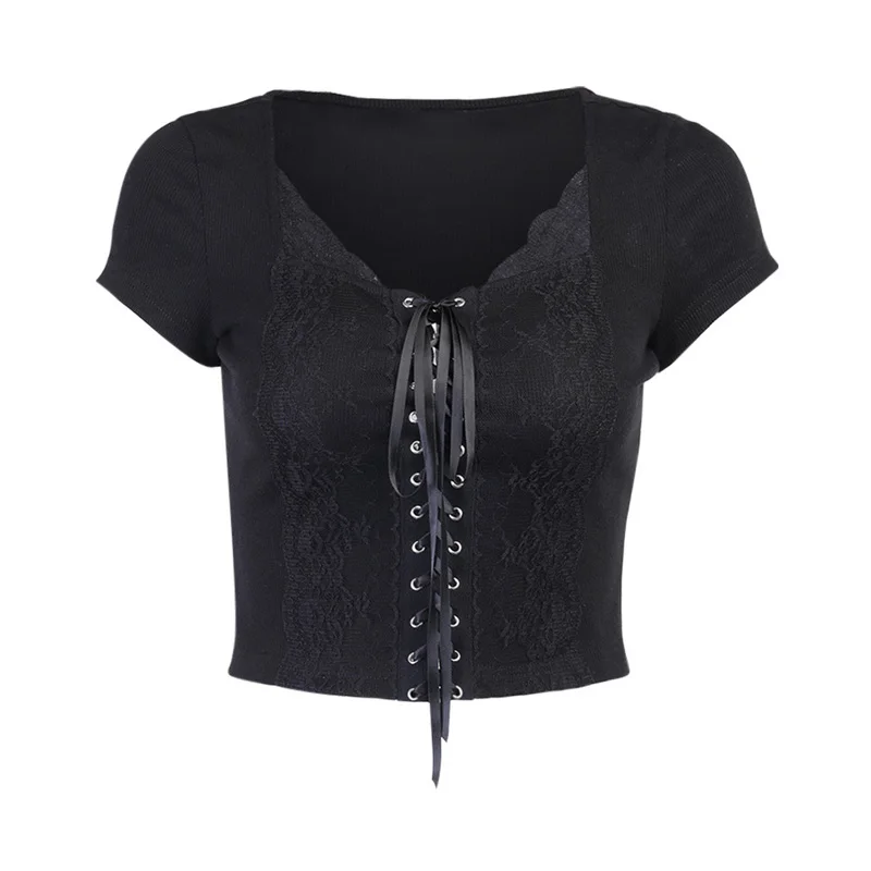 Vasaras Harajuku Mežģīnes, Mežģīņu Dobi No Topi Vintage Gothic Mujer Camisetas Black Īsām Piedurknēm Cilpu T-Krekls Streetwear Sievietēm