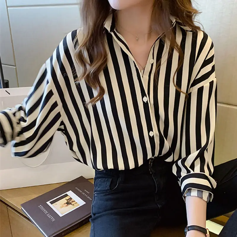 Pavasarī, vasarā korejiešu dizaina zaudēt svītrainām krekls sievietēm ir plānas retro garām Piedurknēm Šifona Blūze Pogu Jaka Drēbes Sievietēm