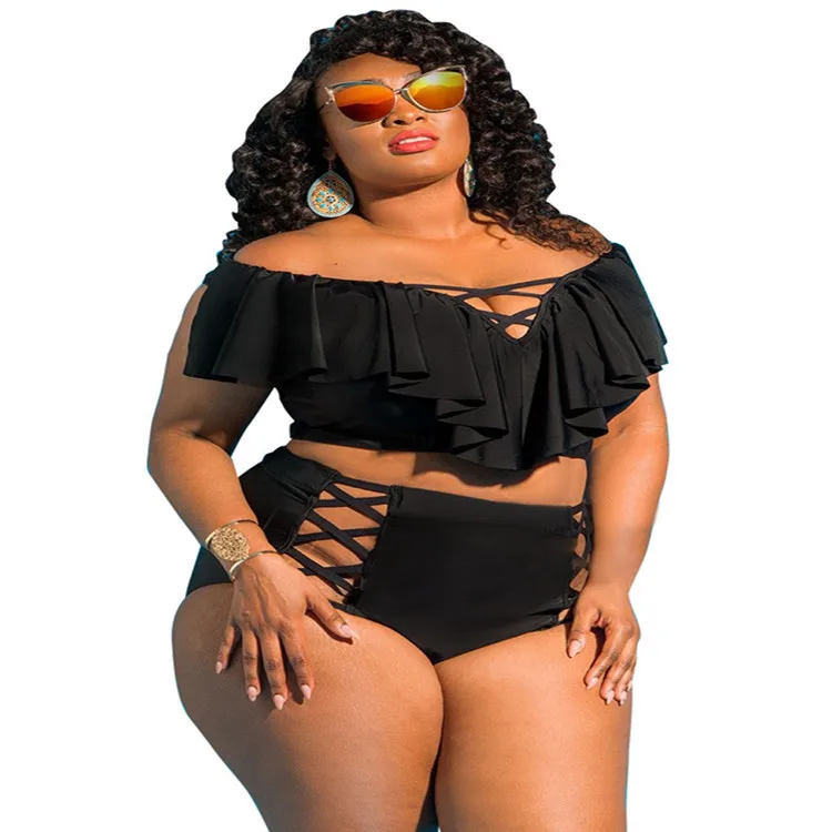 Ir 2021. Vasaras Sieviešu kaklasaišu Krāsošanas Drukāšanas Plus Lieluma Bikini Peldkostīmu Lady ' s Sexy Slash Kakla Ruffles Crop Topi + Apakšveļu peldkostīms