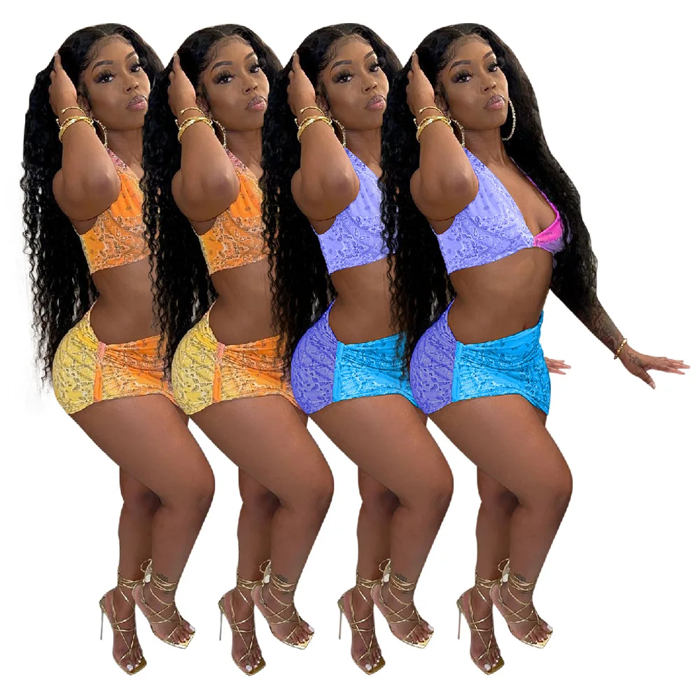 Krāsu Bloku Paisley Bandanna Drukas 2 Gabals Svārki Komplekti Sievietēm Dziļu V veida Kakla Piedurknēm Kultūraugu Top+mini Svārki Vintage Pludmales Tērpiem