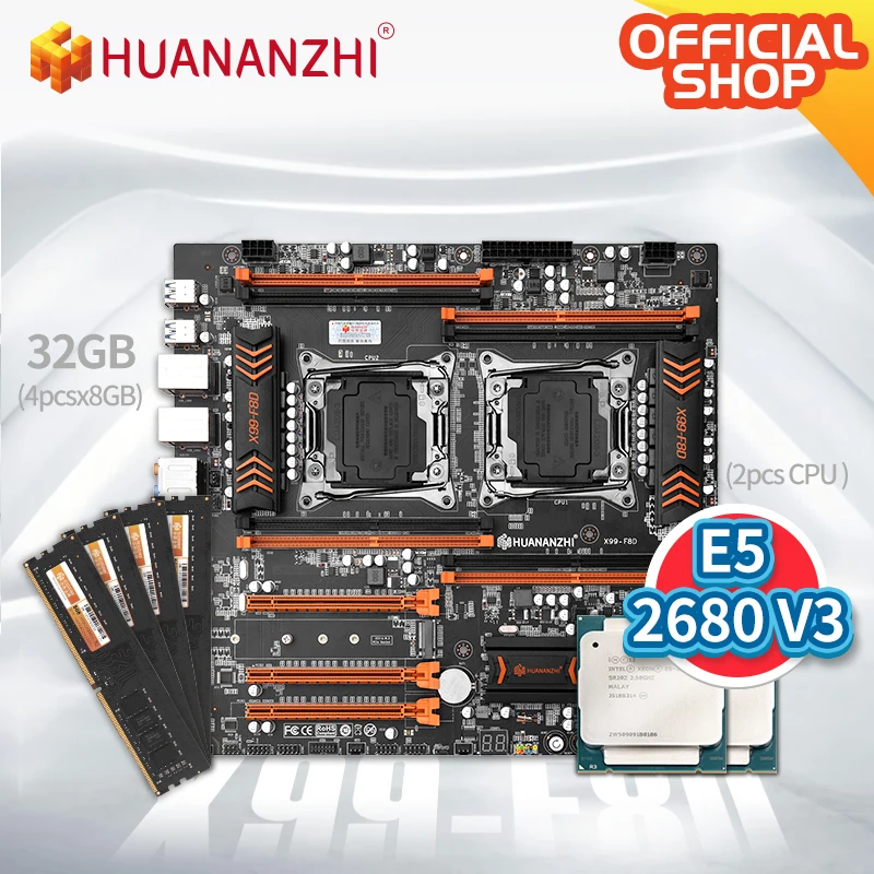 HUANANZHI X99 F8D X99 Pamatplate, Intel Dual ar Intel XEON E5 2680 V3*2 ar 4*8GB DDR4 NON-ECC atmiņas combo kit NVME USB