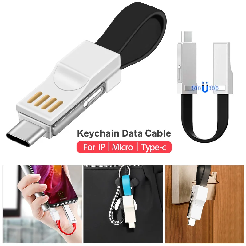 3 in 1 USB Kabeļa Mikro USB C Tipa Kabelis Priekš iPhone XR X Magnētisko Īsu Kabeli Power Bank Maksas Datu Kabeli Keychain Uzlādes Kabelis