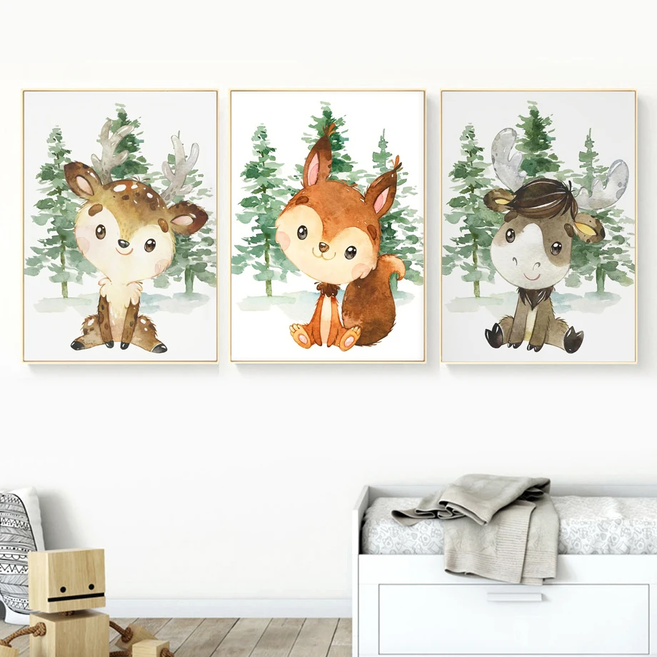 Nordic style dzīvnieku kanvas glezna meža trusis briežu vāvere, vilks, alnis plakātu drukas glezna bērnu istabas dekorēšanas uzlīmes