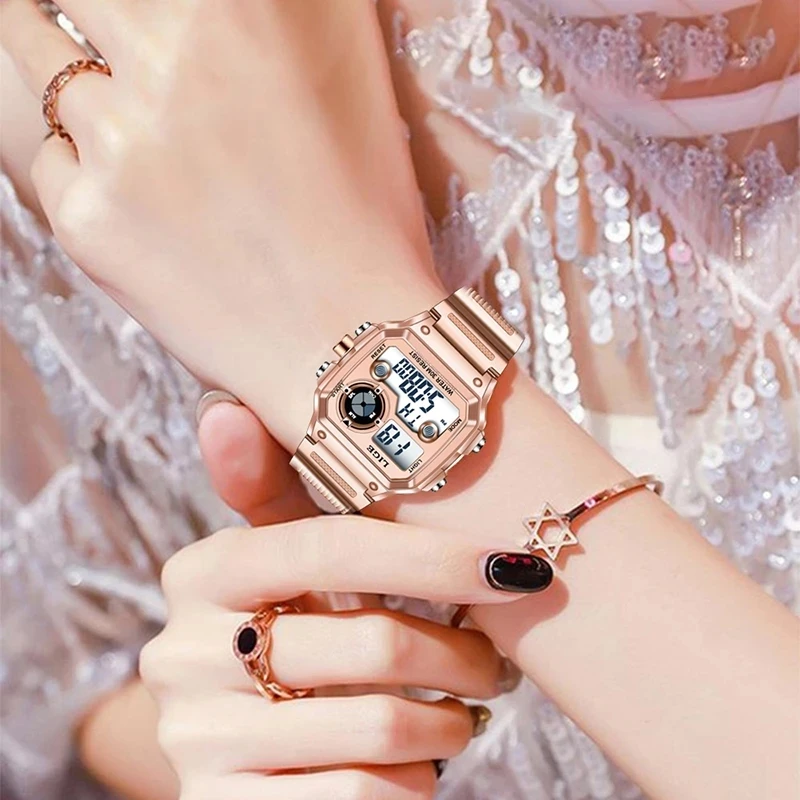 LIGE Luksusa Rose Gold Sieviešu Ciparu pulkstenis Ūdensizturīgs, Tērauda LED Elektronisko Rokas pulksteni Gaismas Pulkstenis Dāmas rokas Pulksteņi Montre Femme