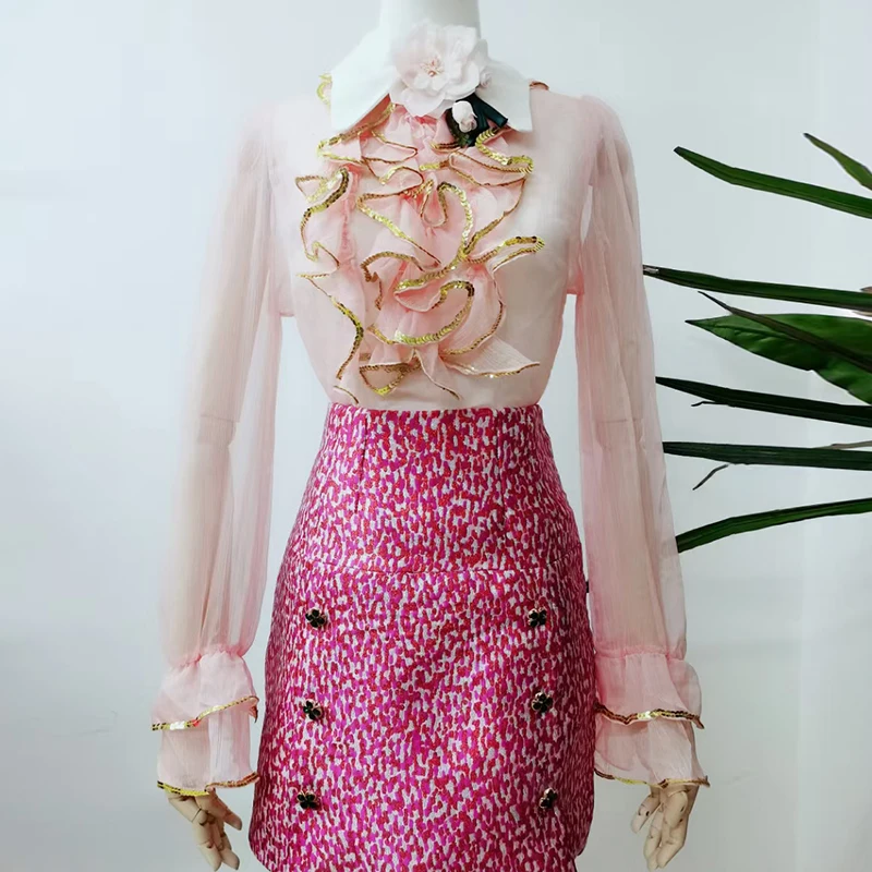 VGH Raibs Ziedu Temperaments Sieviešu Krekls Atloks ar garām Piedurknēm Hit Krāsu Vintage Krekli Sieviešu Modes Jauns Tide Apģērbi
