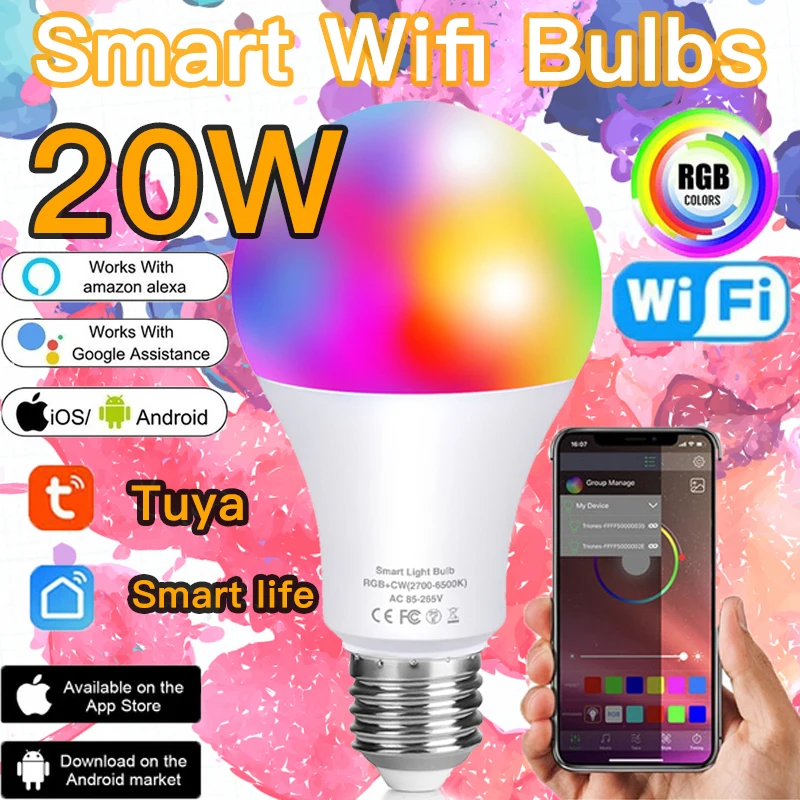 20W Smart Spuldzes E27 LED Spuldzes INFRASARKANO staru Tālvadības pults Vai Wifi Siri Balss Regulējamas, Alexa, Google, Palīgs Mājas RGB AC85V-265V IOS Android