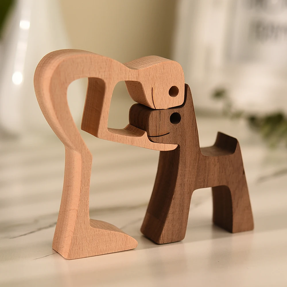 Koka Figūriņas Miniatūras Sievietes un Suns Griešanai Koka Mākslas, Amatniecība, Mājas Birojam Apdare Dzīvnieku Rotājumi Galda Dekorēšanai