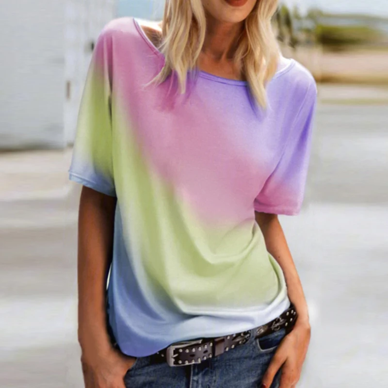 JAUNAS Vasaras Sieviešu Modes Gadījuma O-veida kakla Īsām Piedurknēm T-krekls Gradientu, Krāsu Druka, Blūzes Plus Lieluma Galotnēm