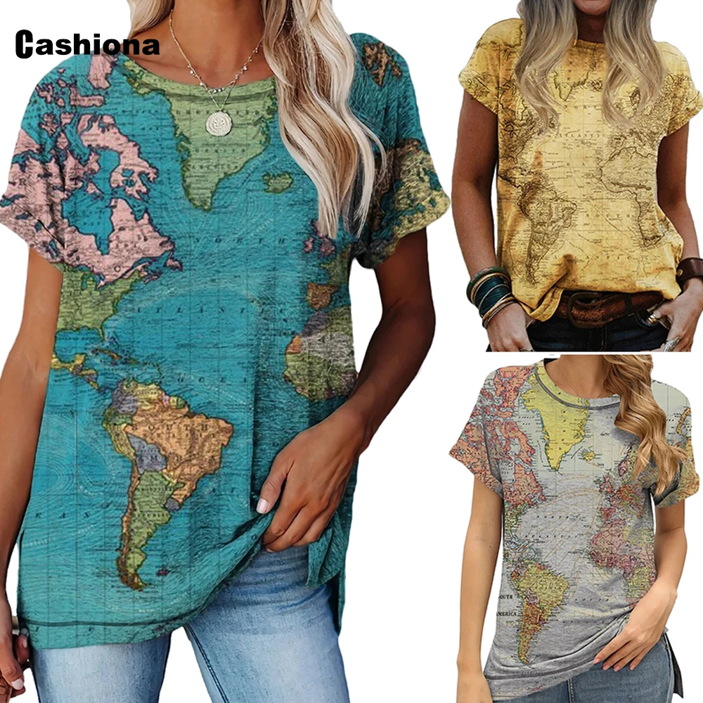 Sieviešu Elegants Atpūtas Gadījuma T-krekls Tendence Pasaules Karte Drukāt t-veida Apģērbu Plus lieluma Sieviete Top 2021. Gada Vasaras Modelis T krekls
