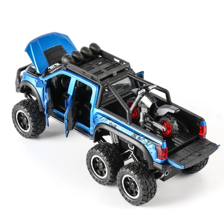 Karstā 1:28 skalu riteņiem Ford F150 Raptor metāla modeli ar gaismas un skaņas Pikaps lējumiem auto pull atpakaļ sakausējuma rotaļlietu kolekcija