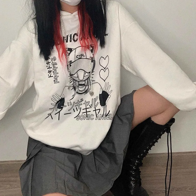 QWEEK Kawaii Sieviešu pelēkā vārna Goth Drukāt sporta Krekls ar garām Piedurknēm Topi Melnā Tracksuit Rozā Maiga Meitene korejas 2021 Anime Punk Drēbes